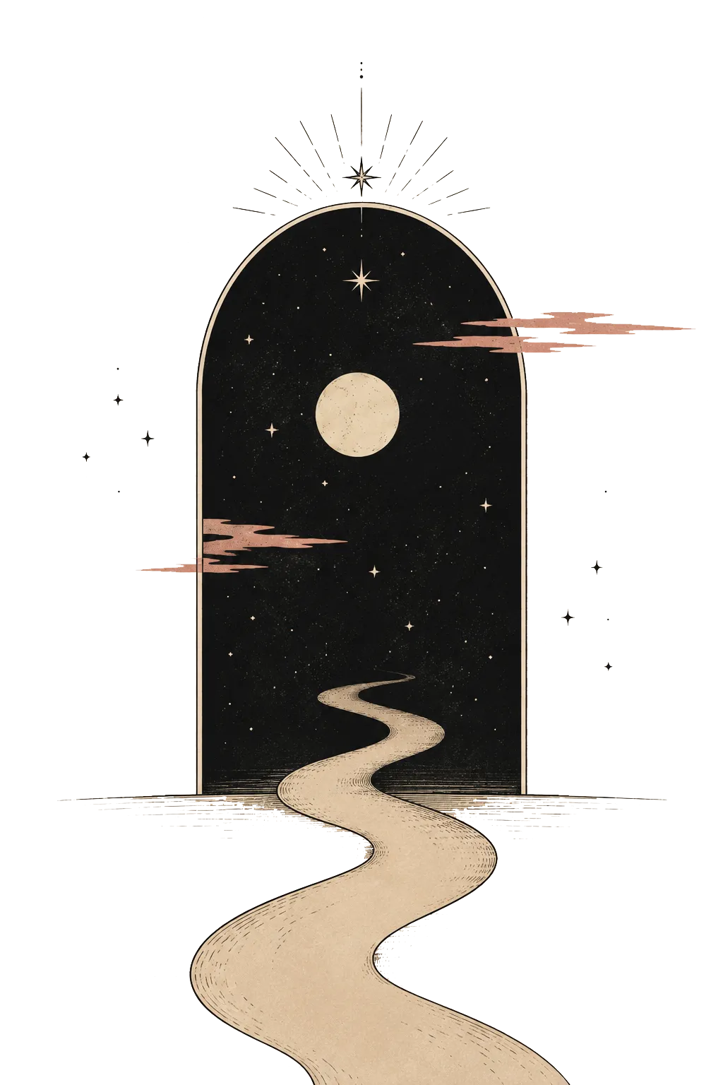 A lit doorway opening onto a night sky, with a full moon and a path leading in